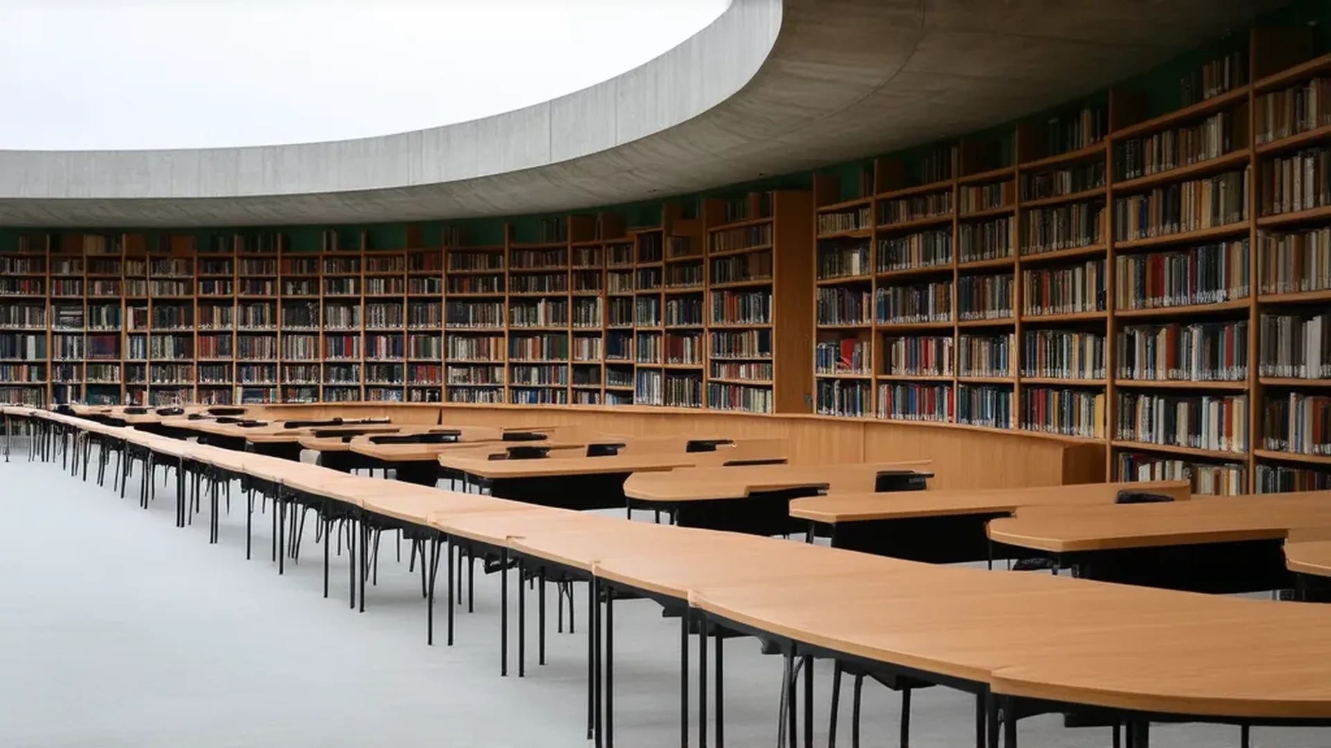 A curved concrete reading hall in a research library, its long wall of bookshelves running above rows of empty timber desks