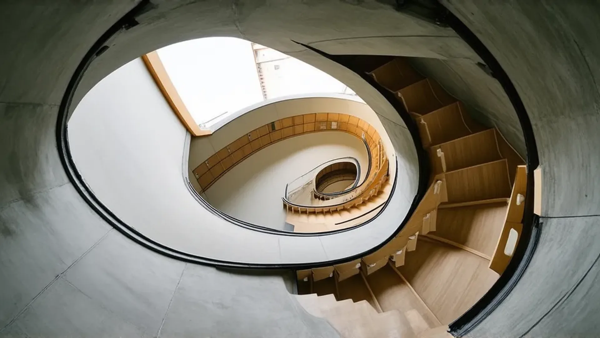 A spiral concrete staircase inside a brutalist archive tower, seen from the base looking up toward daylight