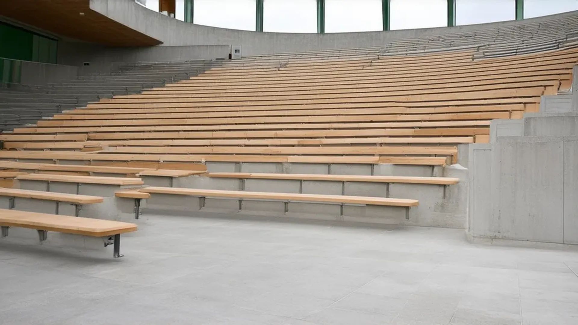 A tiered concrete lecture amphitheatre in a modernist university building, curving rows of empty timber benches descending toward a bare lectern
