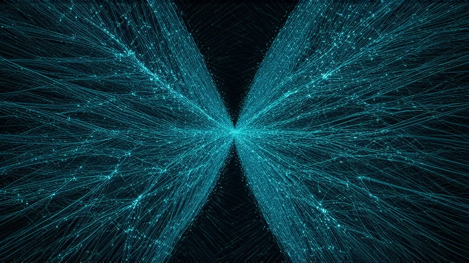 A colossal neural network lattice suspended in darkness, layers of fine filaments receding away from an empty centre