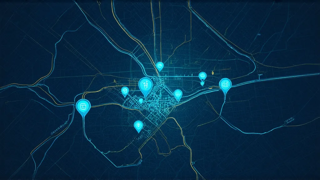 A city map transformed into a glowing network graph of buildings, places, addresses, roads and parcels