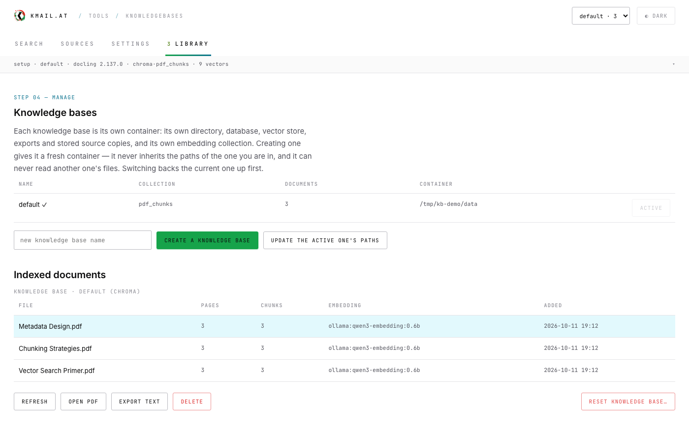 The library page: knowledge bases and indexed documents