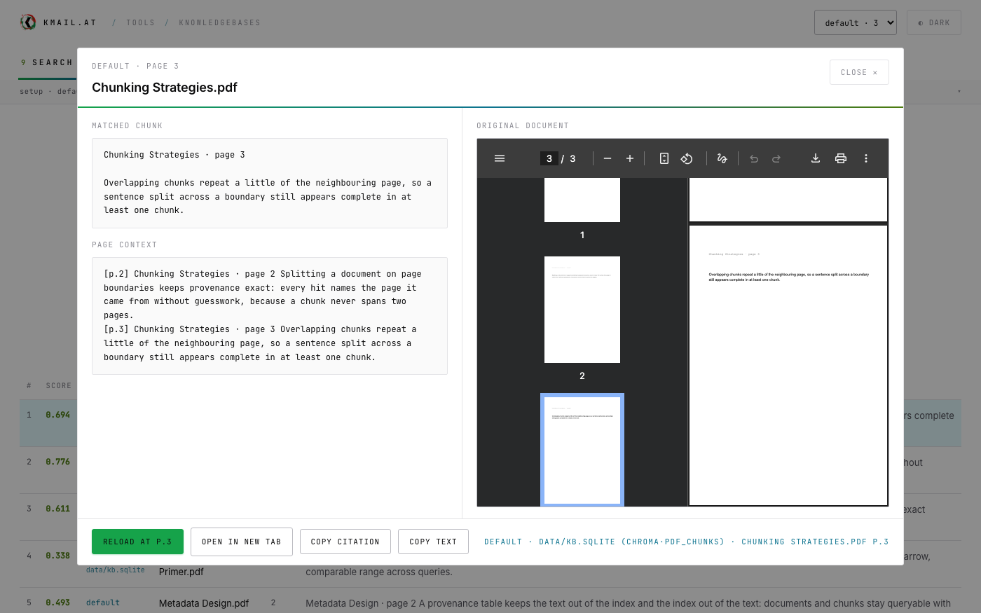A result opened in a modal: matched chunk, page context, the PDF at the found page
