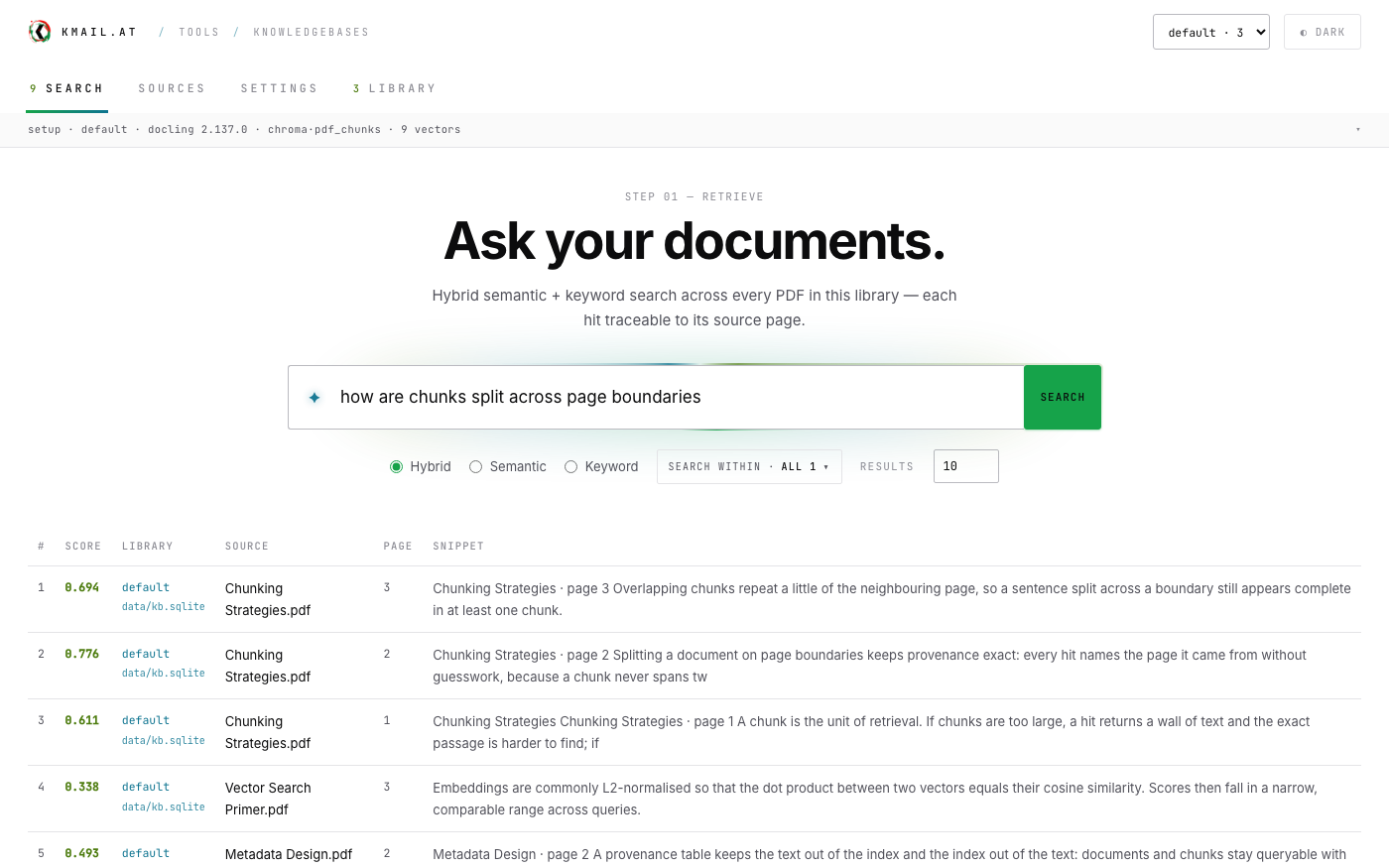 Hybrid search results, scored and traced to library, source and page