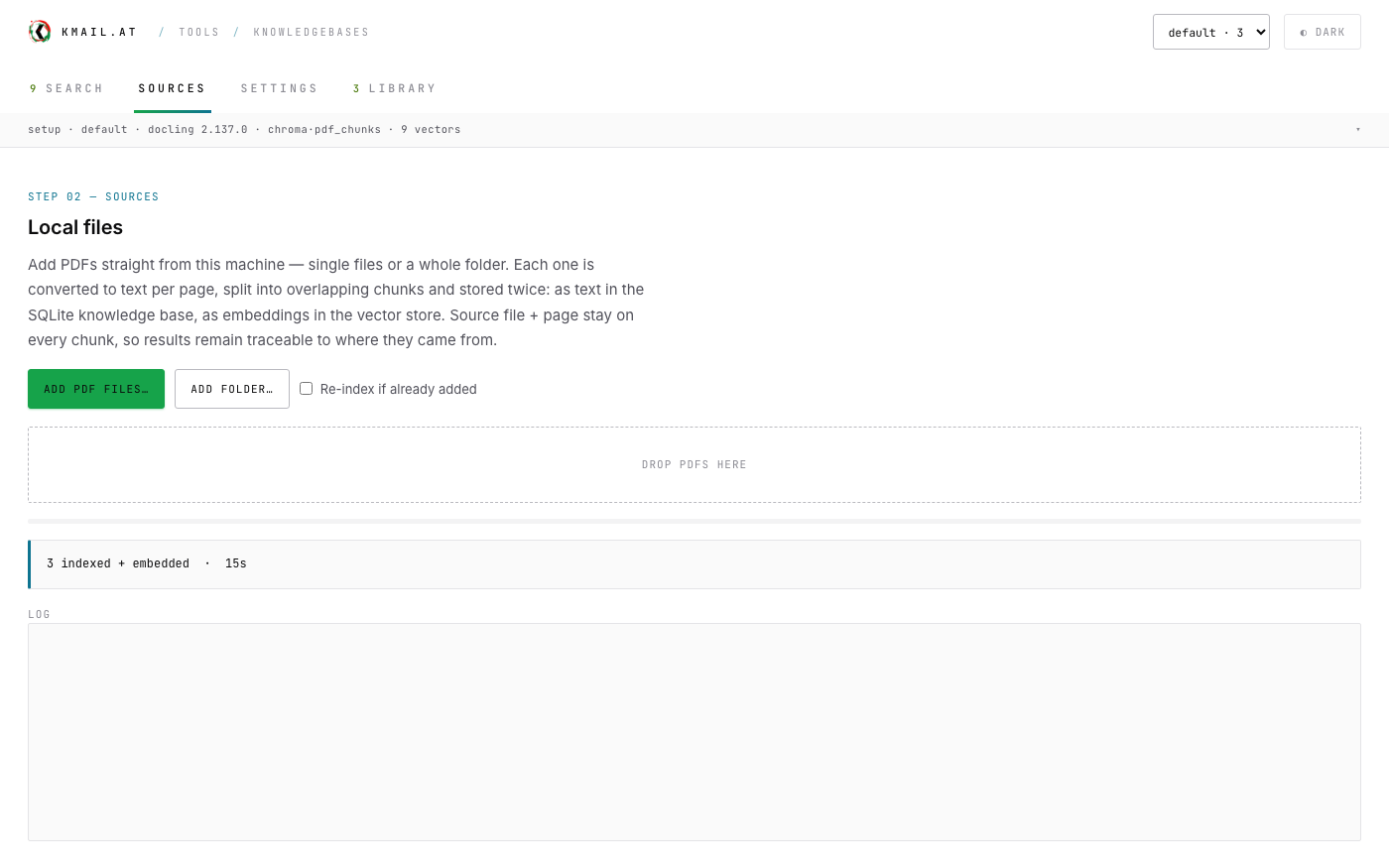 The sources page: uploads, folder connectors and the ingest log