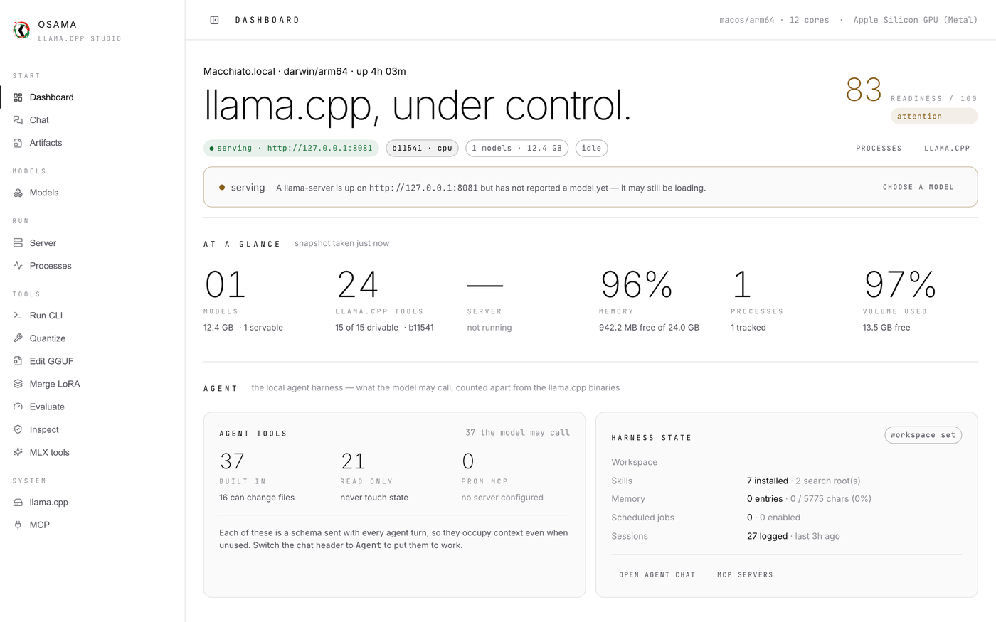 Osama's dashboard: engine state, library and tool coverage