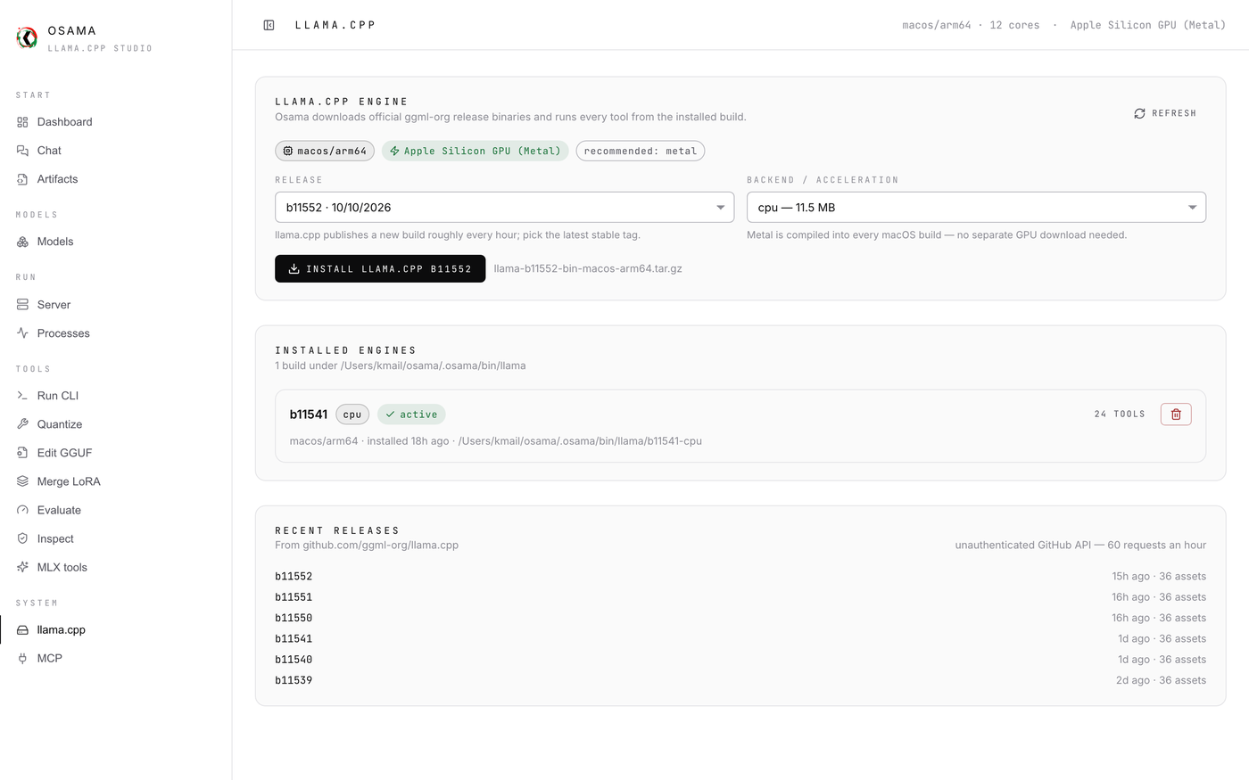 Installed llama.cpp builds and recent releases